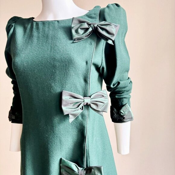 Vintage Brian Winston Deep Green Bow Detail Cocktail Dress S - Picture 2 of 10